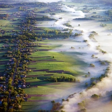 medows, panorama, Fog