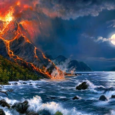 Night, volcano, moon, Mountains