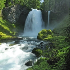 Moss, waterfall, rocks