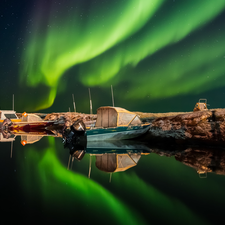 aurora polaris, lake, motorboat