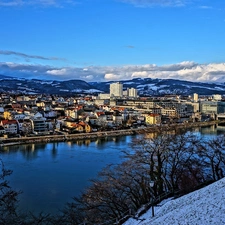 Mountains, Austria, River, Town, winter