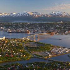 Coast, Town, Mountains, bridge