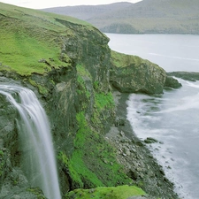 Coast, waterfall, Mountains, rocks