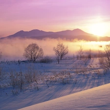 Mountains, winter, Fog