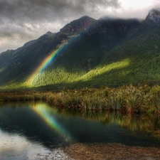 lake, Great Rainbows, Mountains, Rain