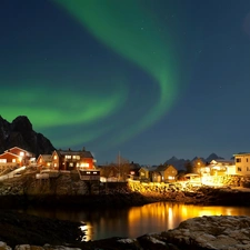 Mountains, aurora polaris, colony, lake, Houses