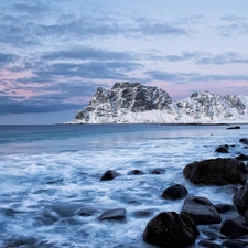 sea, Stones, Mountains, Waves