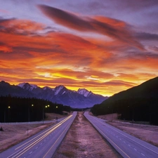 west, freeway, Mountains, sun