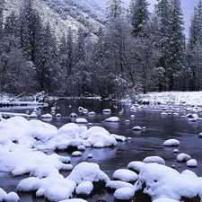 Mountains, winter, Stones, woods, River