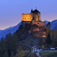 Castle, woods, Night, Mountains