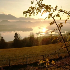 River, Mountains, rays of the Sun, field