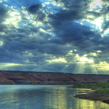 lake, clouds, rays of the Sun, Mountains