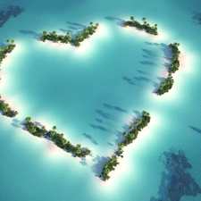archipelago, Heart, Palms, islands