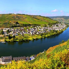 River, autumn, panorama, mountains