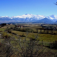 field, Snowy, peaks, Mountains