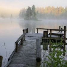 pier, grass, Fog, wood, lake