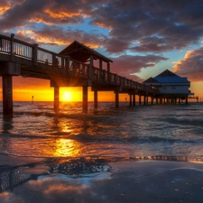 west, sea, pier, sun