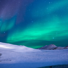 aurora polaris, snow, Mountains, winter