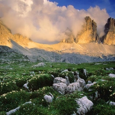 Stones, Przebijające, luminosity, ligh, flash, clouds, Mountains, sun