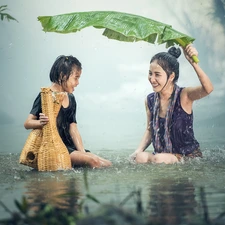 Rain, leaf, Women, Kid, River