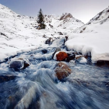 Mountains, winter, rapid, stream, Stones, Snowy