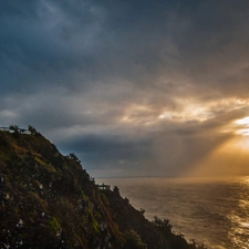 Coast, Lighthouse, rays, sun, clouds, maritime