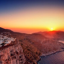 Mountains, Coast, rays, sun, Town, rocks