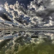 reflection, lake, clouds