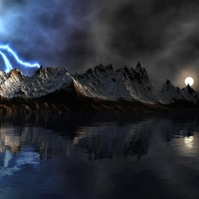 lightning, lake, reflection, Mountains