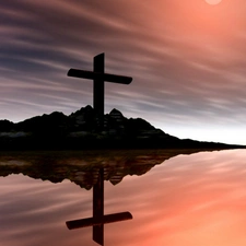 reflection, Mirror, Island, Cross, sea