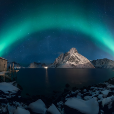 Reine Village, Mountains, Cottage, sea, Wooden, Lofoten, Norway, aurora polaris