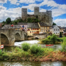 Castle, fragment, stone, towns, Runkel, River, bridge