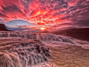 River, cascade, Sky, agitated, Purple