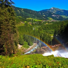 River, panorama, Mountains, woods, Great Rainbows