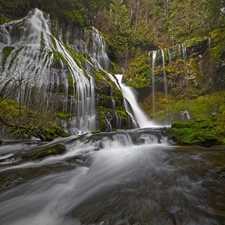 waterfall, forest, River, rocks