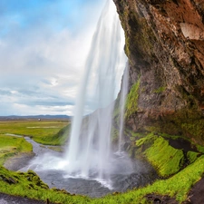 iceland, Rocks, Meadow, Seljalandsfoss Waterfall