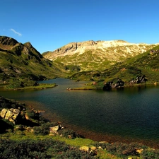 rocks, Mountains, River