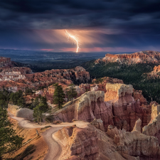 canyon, Utah State, Storm, Bryce Canyon National Park, The United States, lightning, rocks