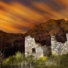 west, Mountains, ruins, sun