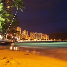 Sand, Waikiki, Palms, skyscrapers, water, Aloha State Hawaje