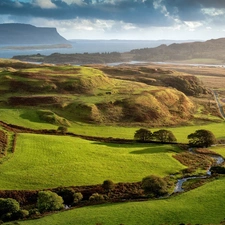 River, field, sea, Mountains