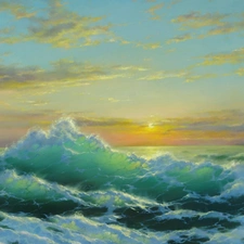 sea, George Dimitriev, Waves, Sky, west, painting