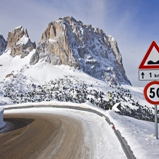 Sign, road, turn, Mountains, Way