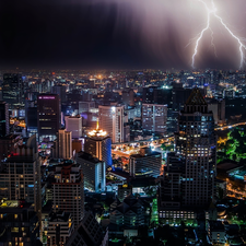 City at Night, Sky, thunderbolt, Houses