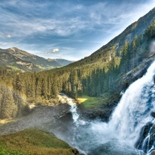 Mountains, forest, Sky, waterfall