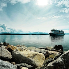 sea, Ship, Sky, Stones