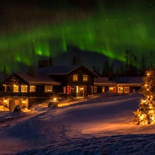 aurora polaris, Night, snow, Lightened House