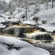 Cascades, forest, snow, winter, water, River