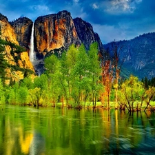 Mountains, lake, Spring, waterfall