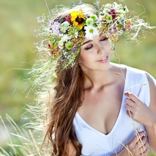 Women, wreath, spring, Meadow